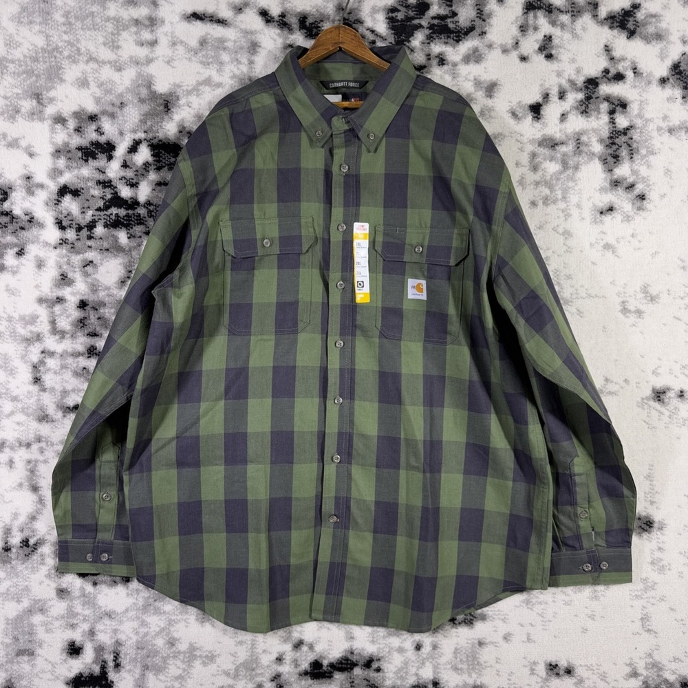 New Carhartt Shirt Mens 2XL Flame Resistant Rugged Flex Green Plaid Career‎ Work